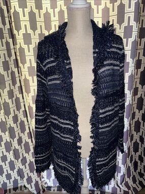 FYLO Black & Gray Fringed Open-Front Women's Cardigan